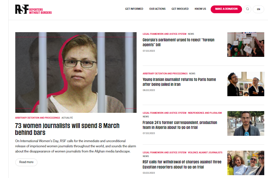Скриншот главной страницы сайта "Репортёров без границ"