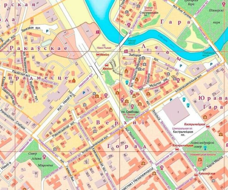 Цэнтр Мінска. Адзначаны межы Замчышча. Выява: карта-даведнік Івана Сацукевіча «Мінск гістарычны», nashaniva.com