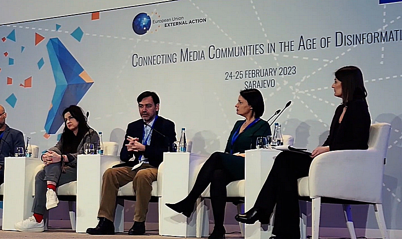 Канферэнцыя ў Сараеве, люты 2023 года. Фота: скрыншот відэа Connecting Media Communities in the Age of Disinformation