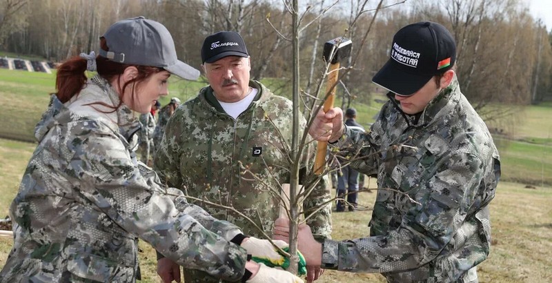 Паліна Шуба, Аляксандр і Мікалай Лукашэнкі саджаюць дрэва на рэспубліканскім суботніку ў Хатыні 22 красавіка 2023 года. Фота: сайт Лукашэнкі
